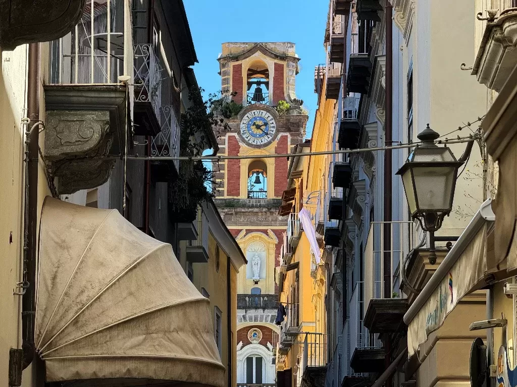 View of Sorrento's Cathedral bell tower and town streets