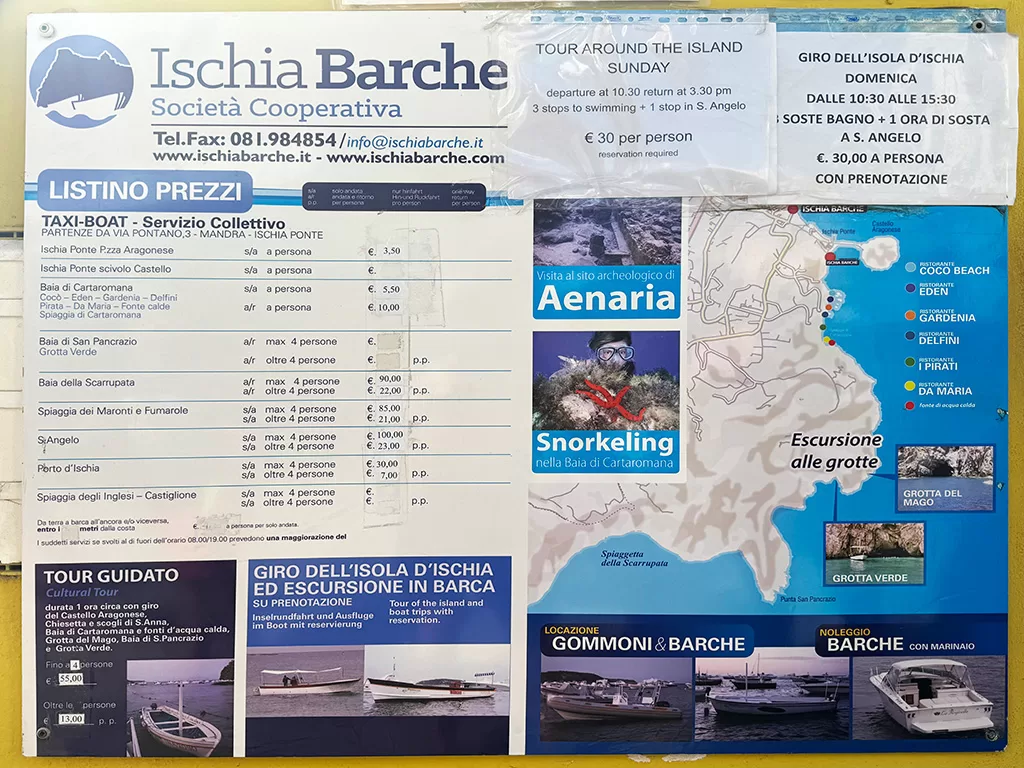 picture of poster advertising water taxis to go around ischia