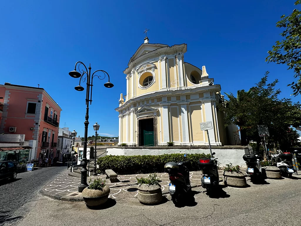 ischia town church with yellow and white facade