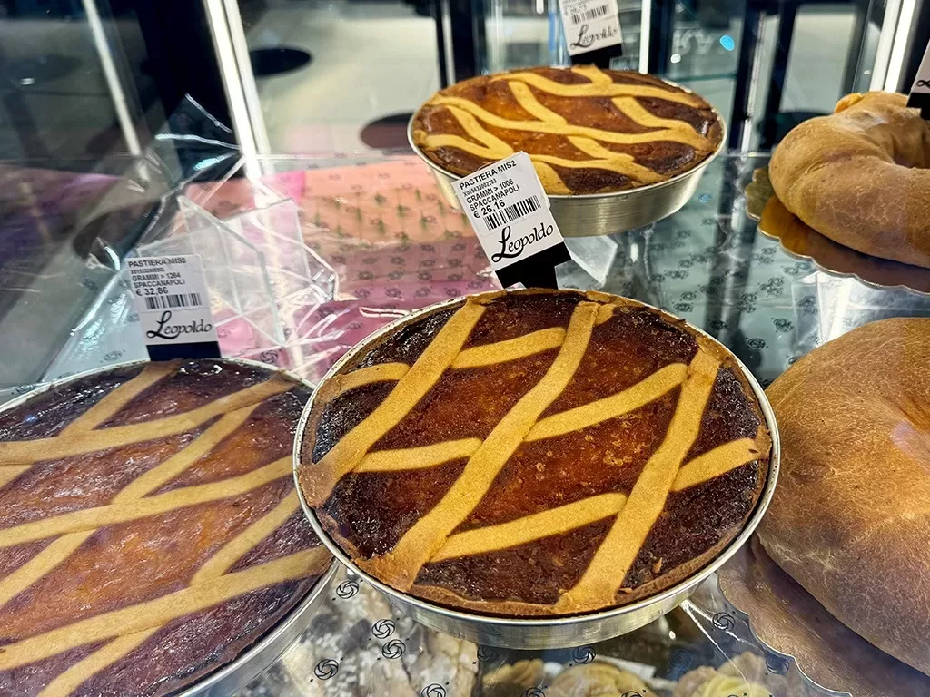 pastiera cakes in bakery window easter in naples