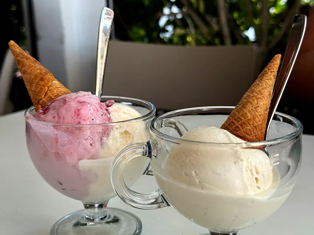 two large cups with gelato in them and wafer cone decorations
