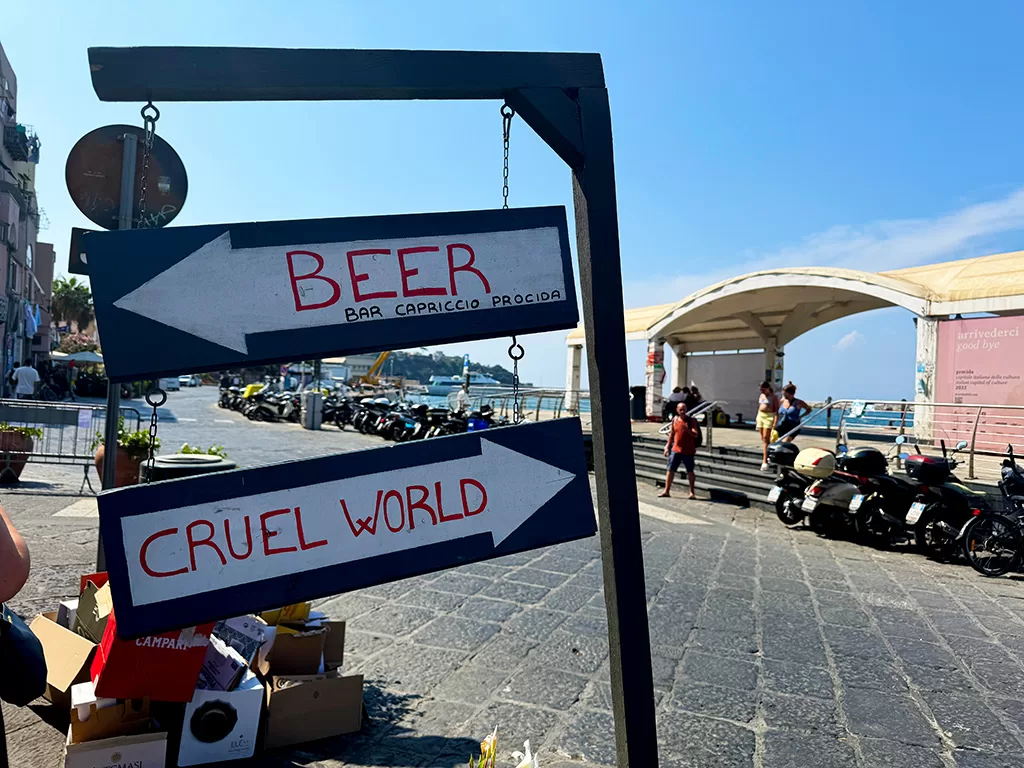 sign with two arrows, one saying 'beer' the other pointed the opposite direction saying 'cruel world'