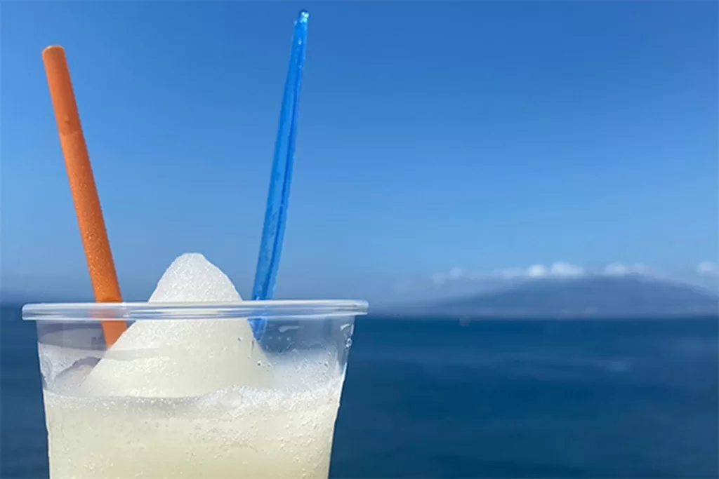 granita cup close up with bay of naples behind