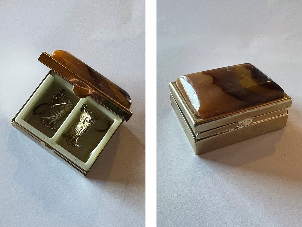 thrifted jewellery box with earrings inside