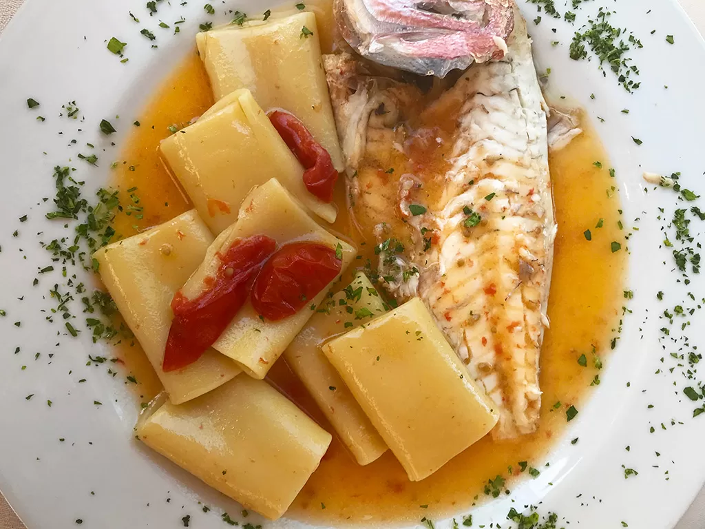 white fish and paccherro pasta dish