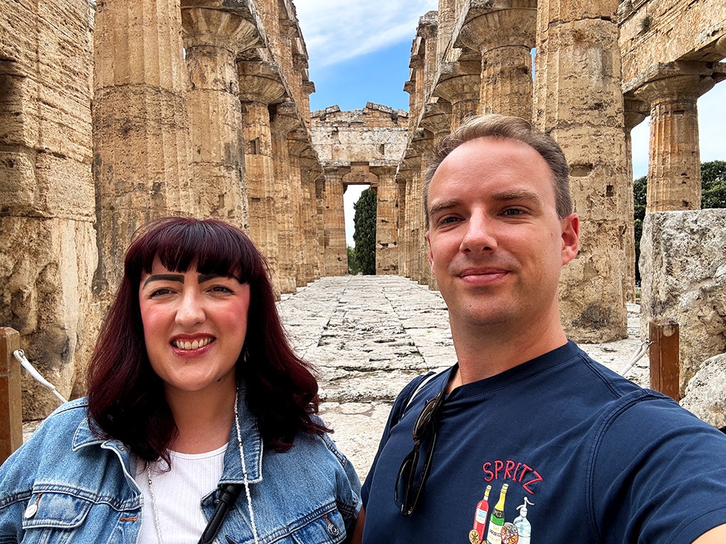 selfie of Warren and Sara inside an ancient Greek temple at Paestum